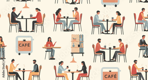 Flat vector illustration of people drinking coffee and socializing at tables in a cafe