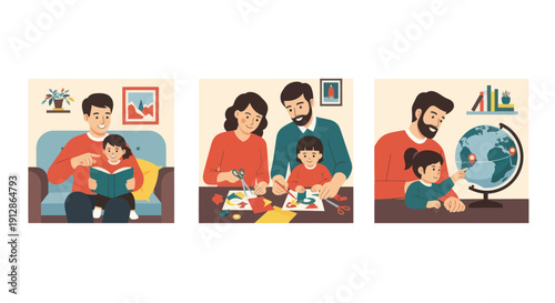 Family engages in educational activities: reading, crafting, and exploring the globe.