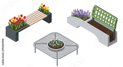 Isometric garden furniture set with colorful tulips and lavender flowers