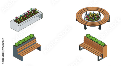 Isometric garden furniture collection including planters and benches