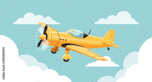 Yellow airplane flying in the sky among clouds