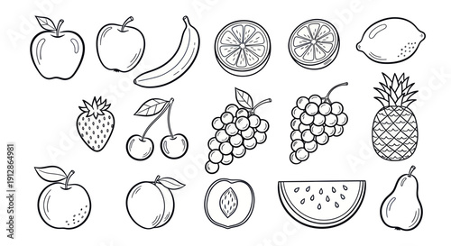 Collection of black and white fruit illustrations.