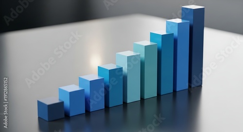 3d blue bar chart showing upward growth and success on a dark surface.