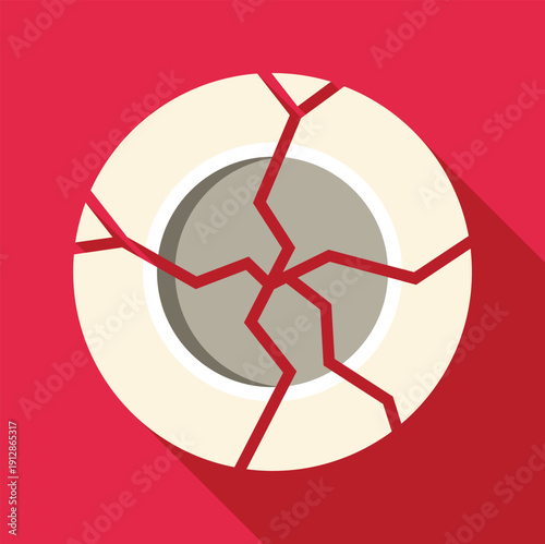 Broken plate cracking with red lines and a long shadow on a red background