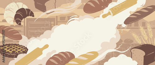 Panoramic vector banner illustration of an artisan bakery with bread loaves, croissants, baguettes, and rolling pins floating in flour dust clouds with wheat stalks and a warm shop background.