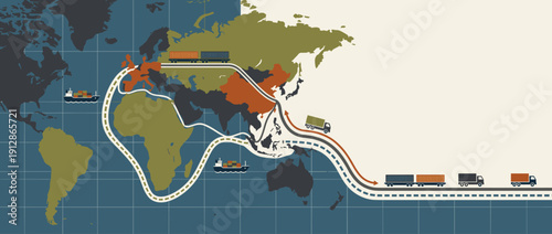 Panoramic vector illustration of global logistics and shipping routes across a world map grid, featuring cargo ships, freight trains, and delivery trucks for international trade and commerce.