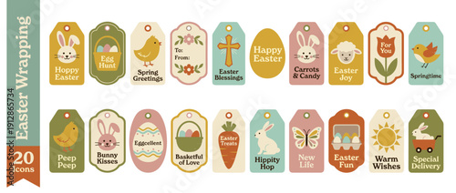 Set of 20 Retro Easter Wrapping Labels and Tags in Muted Tones. Vintage Vector Icons Featuring Bunnies, Chicks, Eggs, Baskets, and Religious Symbols for Spring Holiday Gift Decor and Crafts.