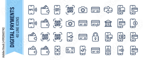 40 Digital Payment Line Icons Set including NFC Mobile Pay, Wallet, QR Code Scan, Credit Card, Online Banking, Secure Transaction, Money Transfer, and E-commerce Symbols for Web and App Design.