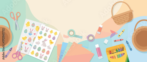 Panoramic Vector Banner Illustration of a Playful Kids Easter Craft Desk with Scissors, Stickers, Crayons, Glue, and Washi Tape for Creative DIY Holiday Projects and Children Activities.