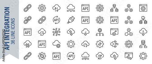 Set of 36 API Integration and Webhook Line Icons. Minimalist Vector Symbols for Software Development, Cloud Computing, Data Connectivity, Network Architecture, and System Automation.