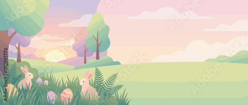 Panoramic Easter Banner Illustration with Cute Rabbits and Colorful Decorated Eggs in a Spring Woodland Meadow at Sunrise, Soft Pastel Colors, Nature Landscape Background for Greeting Cards.