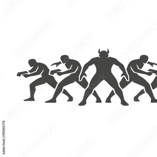 Silhouettes of Tactical Soldiers and Horned Demon in Combat Stance