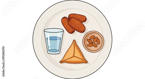 Healthy Breakfast Plate: Dates, Almonds, Pastry, and Water