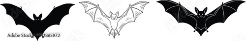 Stylized bat illustrations in silhouette and line art, detailed wings vector design, nocturnal animal theme, spooky wildlife concept