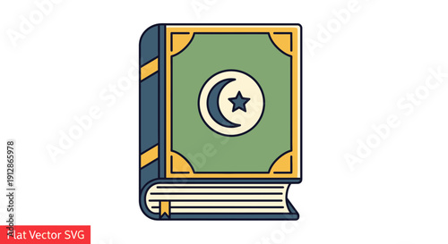 Islamic Book Icon, Quran, Crescent Moon and Star, Flat Design