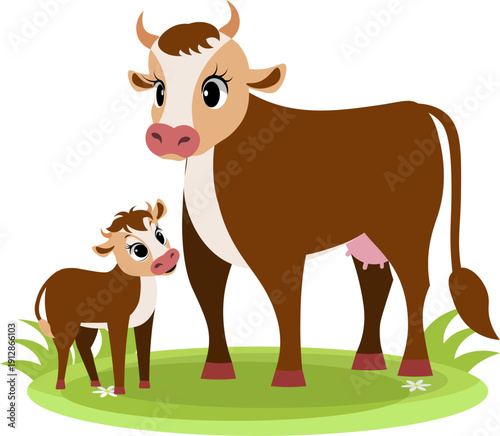 Farm Animals. Cute farm. A cow and a calf are standing in a meadow. Collection of farm animals. Flat vector illustration. Isolated