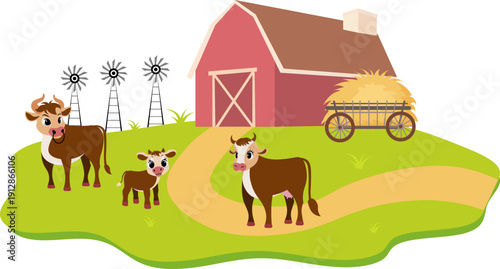 Farm Animals. Cute farm. A bull, a cow and a calf are standing in the farm yard. Collection of farm animals. Flat vector illustration. Isolated