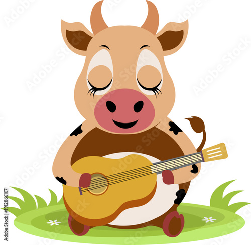 Farm Animals. Cute farm. A cute cow with a guitar is sitting in a meadow. Collection of farm animals. Flat vector illustration. Isolated