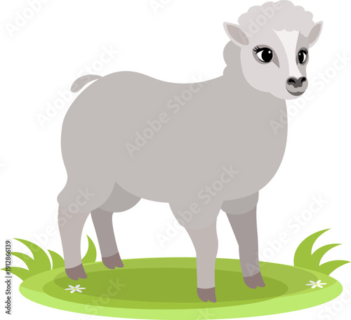 Farm Animals. Cute farm. A cute sheep stands on a green meadow. Collection of farm animals. Flat vector illustration. Isolated