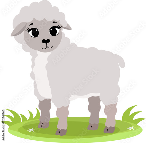 Farm Animals. Cute farm. A little sheep stands on a green meadow. Collection of farm animals. Flat vector illustration. Isolated