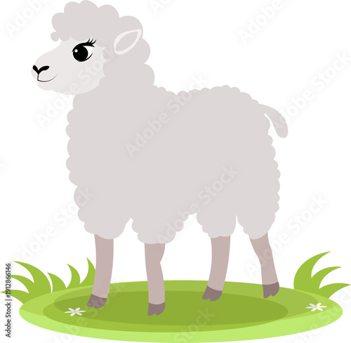 Farm Animals. Cute farm. A curly white sheep stands on a green meadow. Collection of farm animals. Flat vector illustration. Isolated