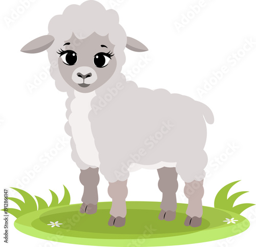 Farm Animals. Cute farm. A cute little sheep stands on a green meadow. Collection of farm animals. Flat vector illustration. Isolated