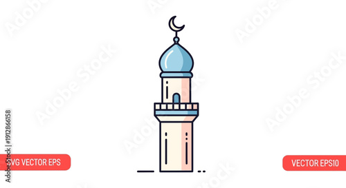Islamic minaret with crescent moon, vector illustration, mosque tower icon
