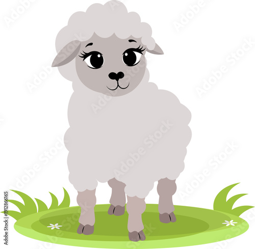 Farm Animals. Cute farm. A little white sheep stands on the green grass. Collection of farm animals. Flat vector illustration. Isolated