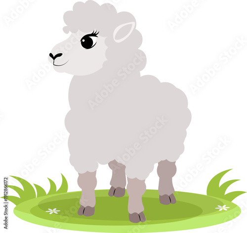 Farm Animals. Cute farm. A white, modest sheep stands on the green grass. Collection of farm animals. Flat vector illustration. Isolated