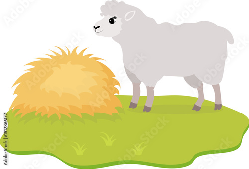Farm Animals. Cute farm. A sheep stands next to a haystack on a farm. Collection of farm animals. Flat vector illustration. Isolated