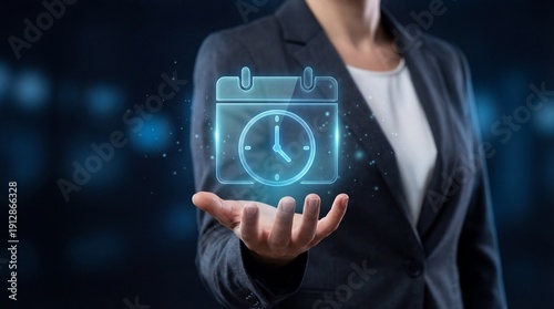 Businesswoman Holding Calendar and Clock Hologram Representing Time Management Efficiency, Productivity Planning Concept, Deadline Organization Strategy, Schedule Optimization System