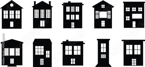 Silhouettes of ten unique house designs showcasing architectural variety, residential styles, and window configurations for housing, real estate, and design themes