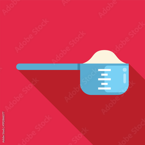 Protein powder scoop with white powder and measurement lines on a red background