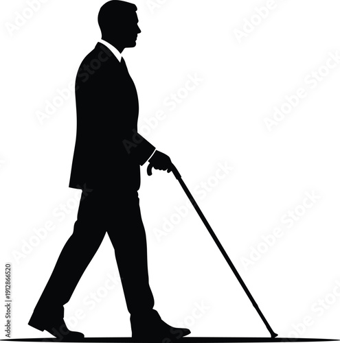 Silhouette of visually impaired person in formal attire walking with white cane symbolizing accessibility, independence, mobility, and inclusion for disability awareness themes