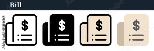 Minimal bill and invoice icon set with solid and outline variations. Clean vector symbol for payment, billing, and financial apps.