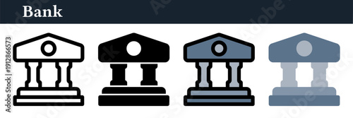 Minimal bank building icon set with solid and outline styles. Bold vector symbol for banking, finance, and fintech applications.