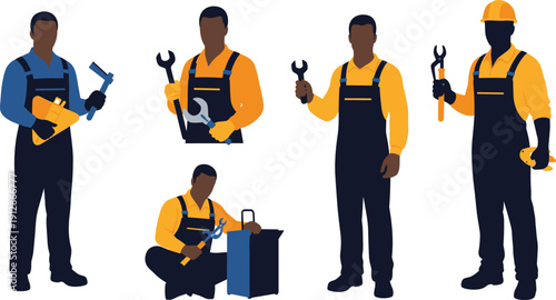 Silhouette set of workers in overalls holding tools like wrench, screwdriver, pliers, and paint roller for 