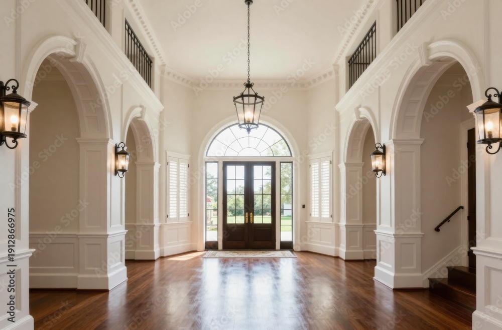 Fototapeta premium Grand Entrance Hall with Arched Openings, Hardwood Flooring, and Elegant Lighting Fixture