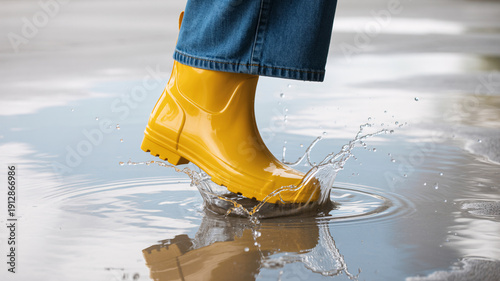 Person wearing yellow rain boot stepping into puddle on rainy day