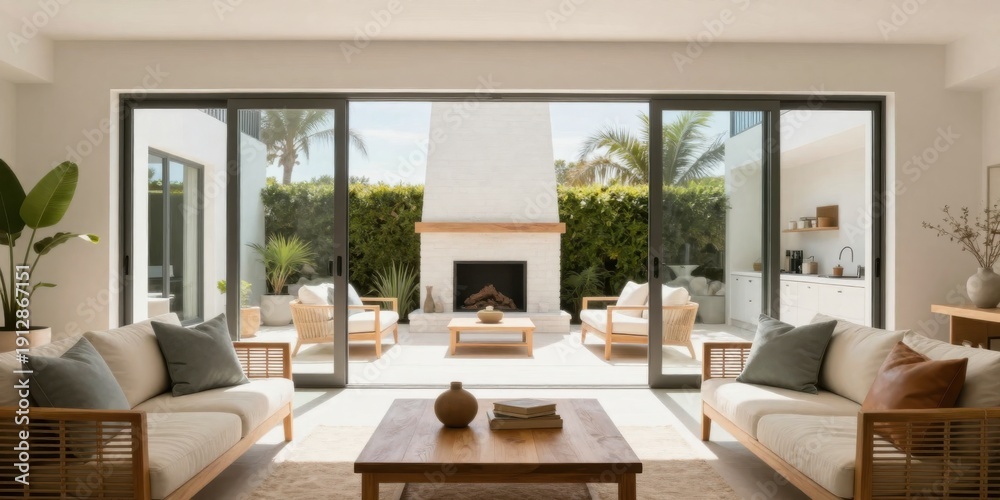 Obraz premium Bright open plan living room with fireplace and outdoor patio, ideal for interior design