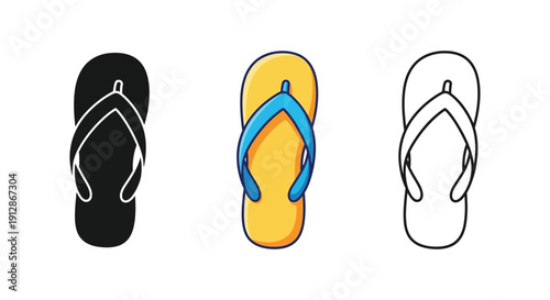 Set of three flip flops icons solid black, colored, and outline style for summer beach footwear design