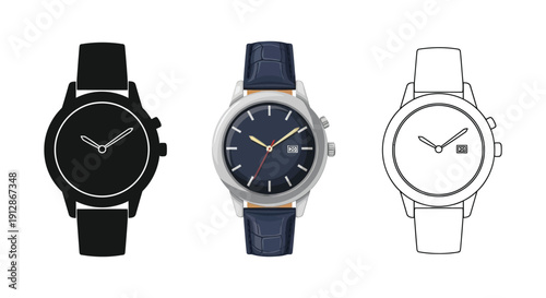 Set of three wristwatches black silhouette, colored realistic view, and outline drawing