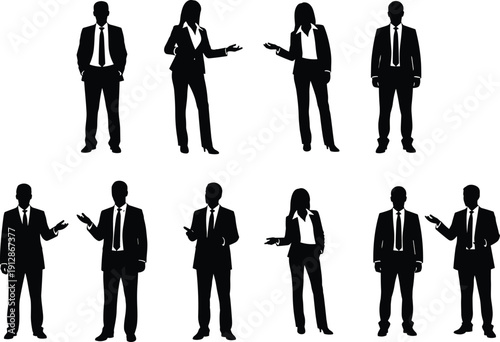 Business people silhouettes set, men and women in formal suits presenting and standing, corporate professional illustration collection