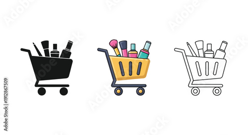 Set of three shopping cart icons filled with makeup and cosmetics solid black silhouette, colored illustration, and outline drawing