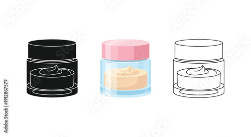 Set of three cosmetic cream jars icons solid black silhouette, full color illustration, and outline drawing, representing skincare product packaging for beauty and dermatology