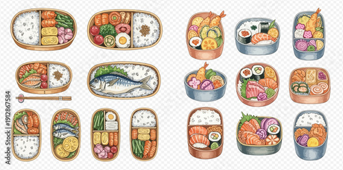 Watercolor collection of traditional Japanese bento boxes with various delicious meals.