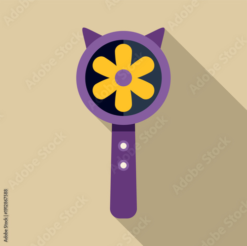 Purple cat ear rattle toy featuring yellow flower on a beige background in flat design style