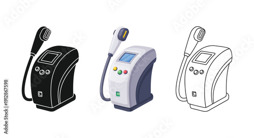 Set of three illustrations of a professional aesthetic laser or radiofrequency machine for skin treatment, shown in black silhouette, full color, and outline styles