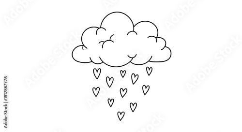 Conceptual Line Art of Cloud Bursting with Heart Rain for Love and Emotion