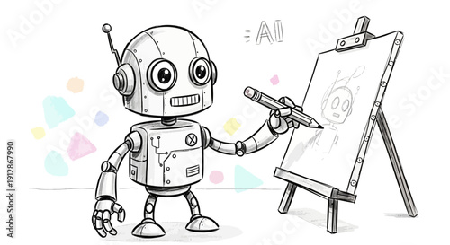 Artificial intelligence: Robot artist drawing itself on canvas with a pencil using AI technology